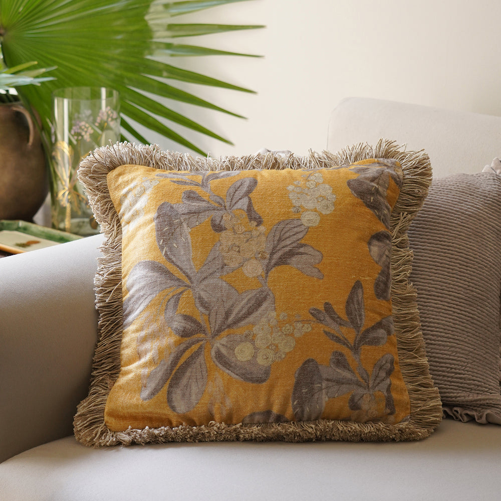 Yellow Fringed Printed Cushion Cover