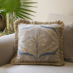 Beige Embroidered Fringed Cushion Cover
