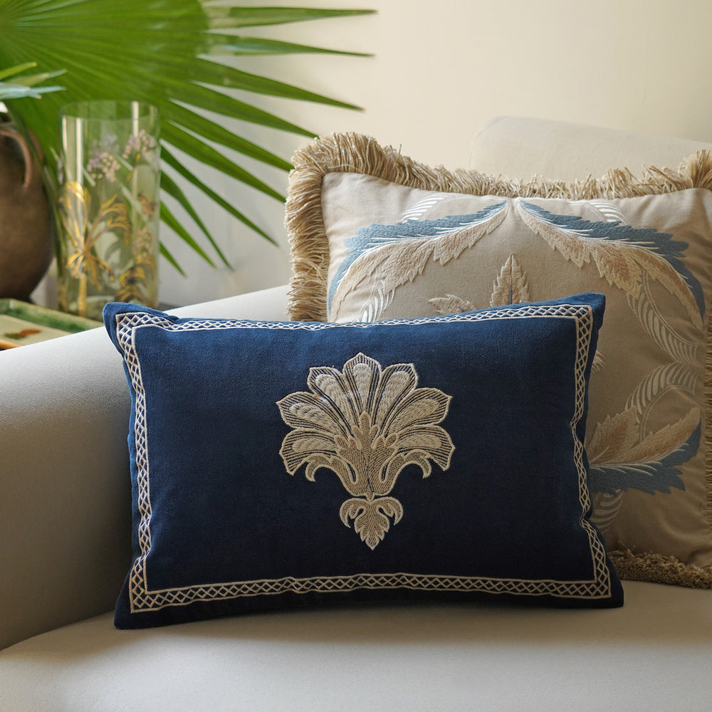 Navy Blue Embroidered Rectangle Cushion Cover
