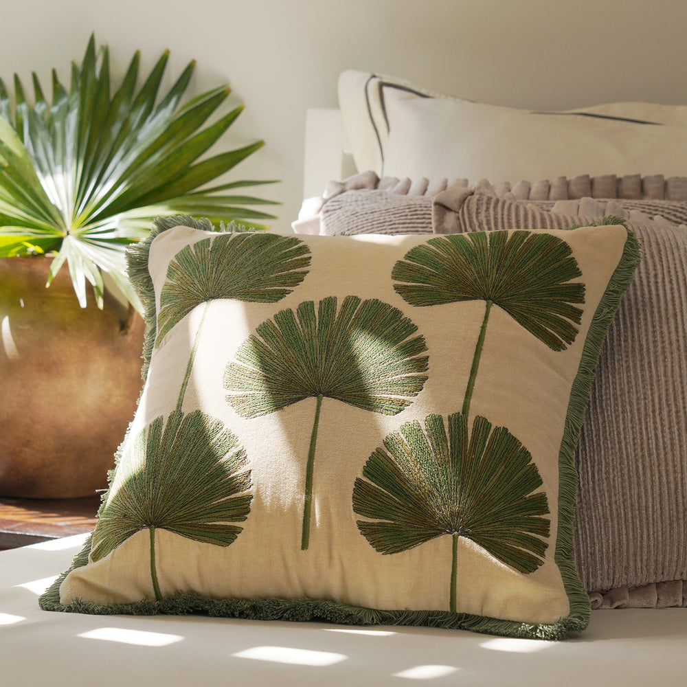 Beige Palm Leaf Embroidered Cushion Cover