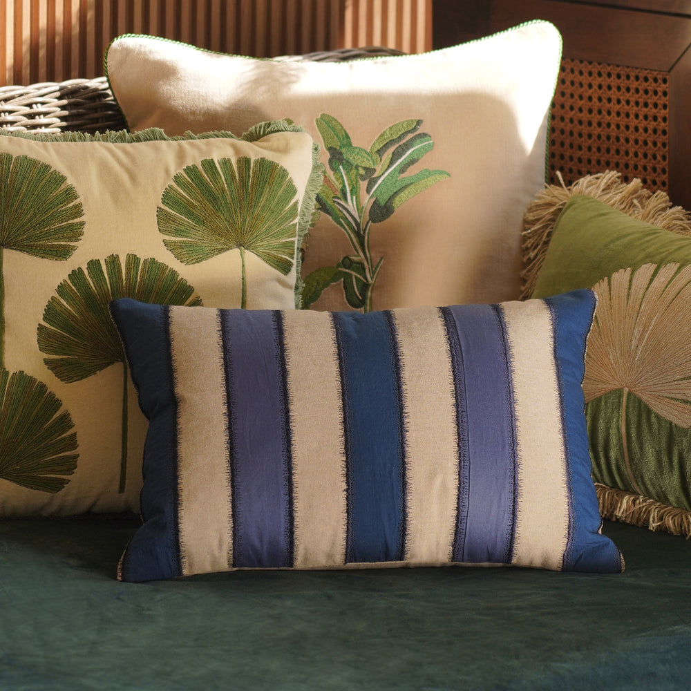 Beige Blue Striped Rectangle Cushion Cover