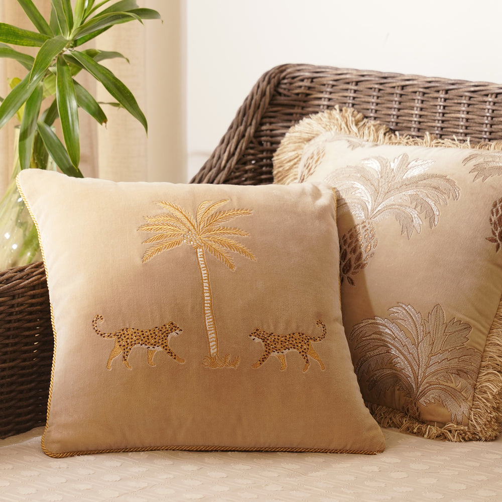 Beige Leopard Motif Embroidered Velvet Cushion Cover