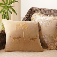 Beige Leopard Motif Embroidered Velvet Cushion Cover
