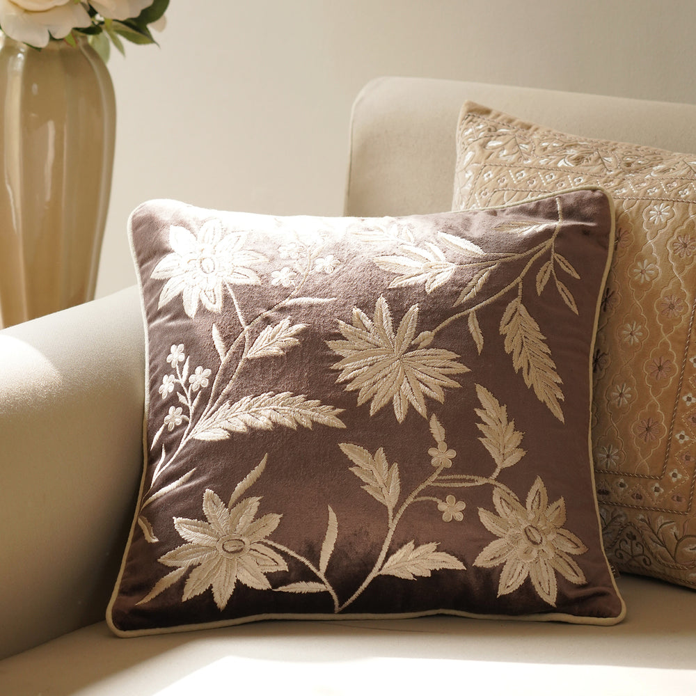 Brown Embroidered Cushion Cover