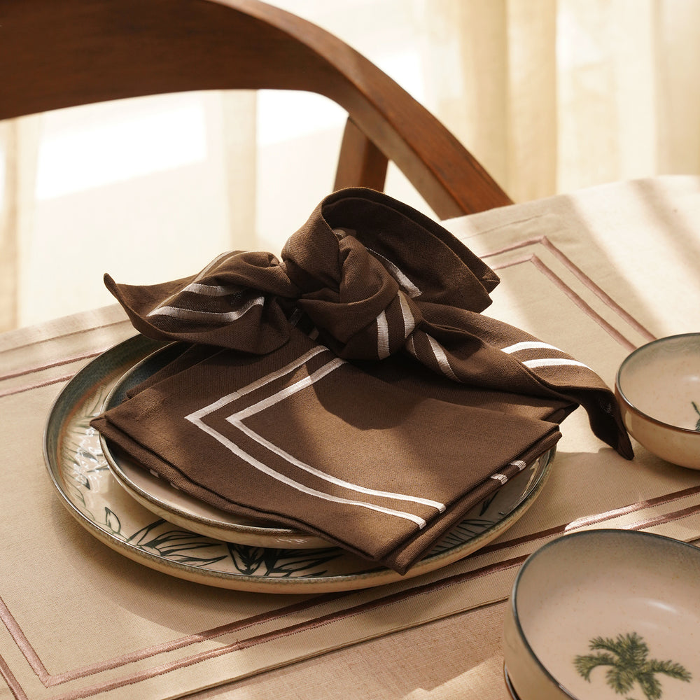 Set of 4 Brown Cotton Napkins with Contrast Embroidery