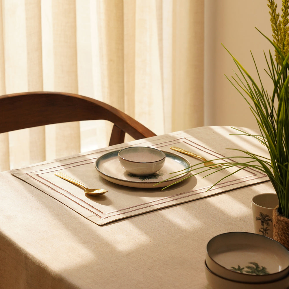 Set of 2 Beige Cotton Placemats with Contrast Embroidery
