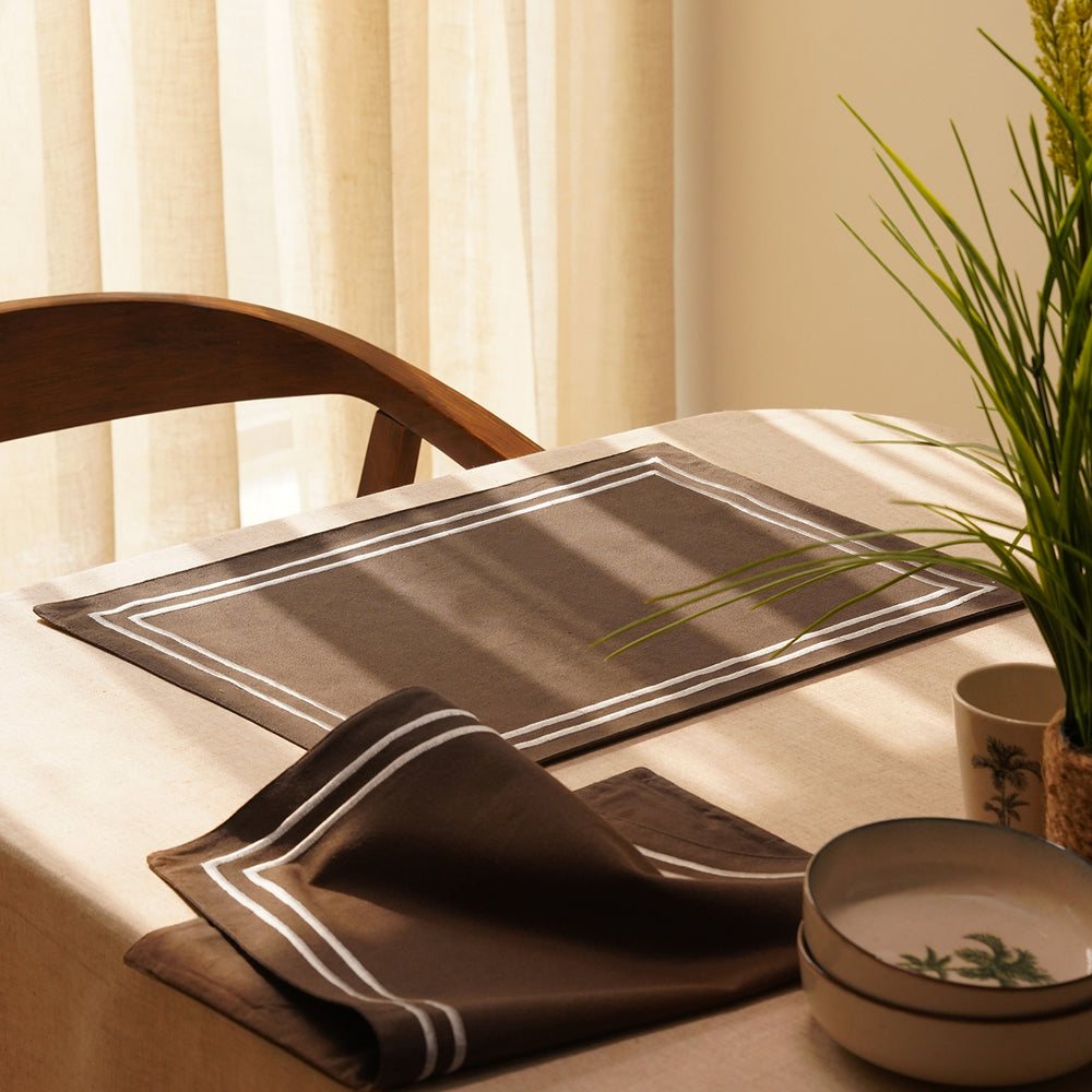 Set of 2 Brown Cotton Placemats with Contrast Embroidery