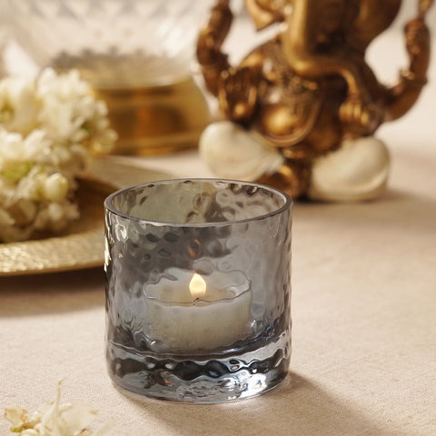 Set of 2 Grey Textured Glass Tealight Candle Holders