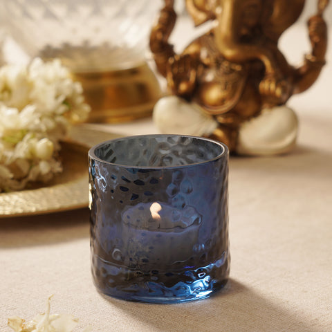 Set of 2 Blue Textured Glass Tealight Candle Holders