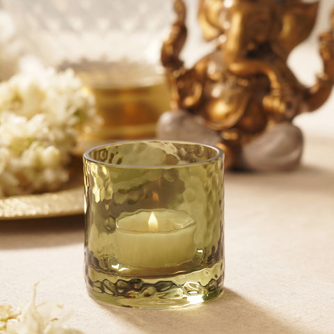 Set of 2 Green Textured Glass Tealight Candle Holders