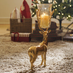 Gold Glass Hurricane with Reindeer Metal Candle Stand