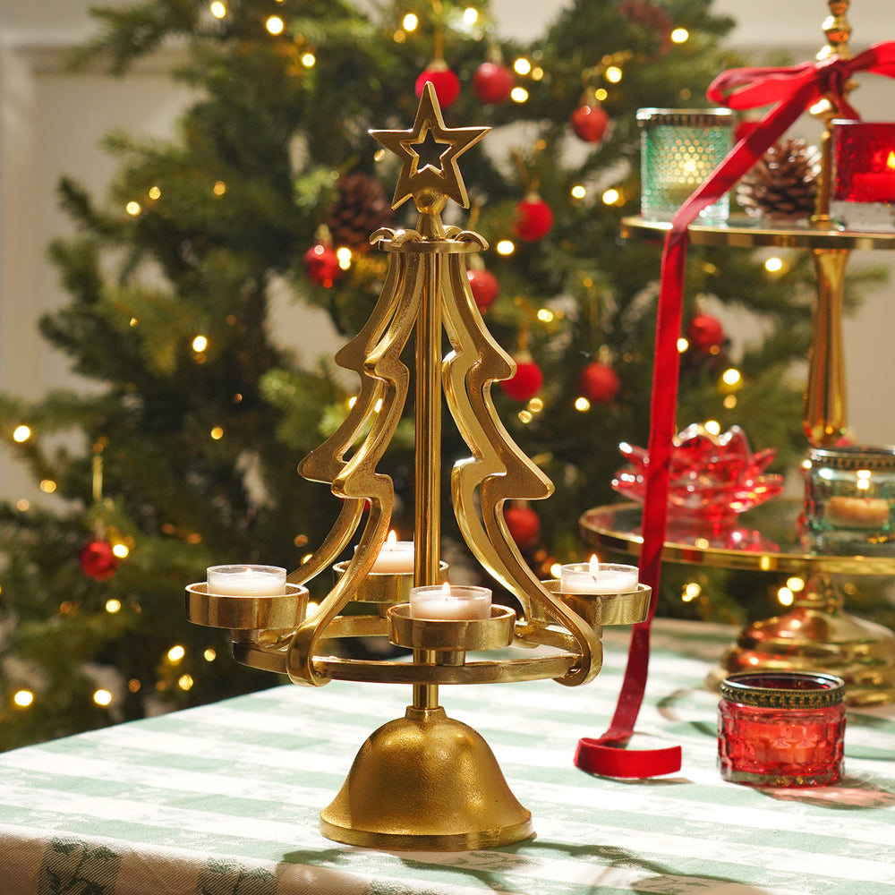 Gold Metal 4 Slot Christmas Tree Tealight Holder