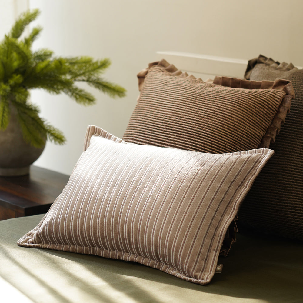 Beige Stripe Embroidered Rectangle Cushion Cover