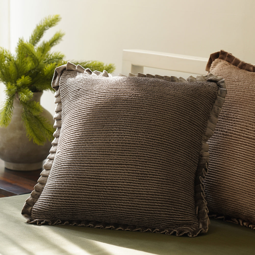 Dark Brown Textured Striped Cushion Cover