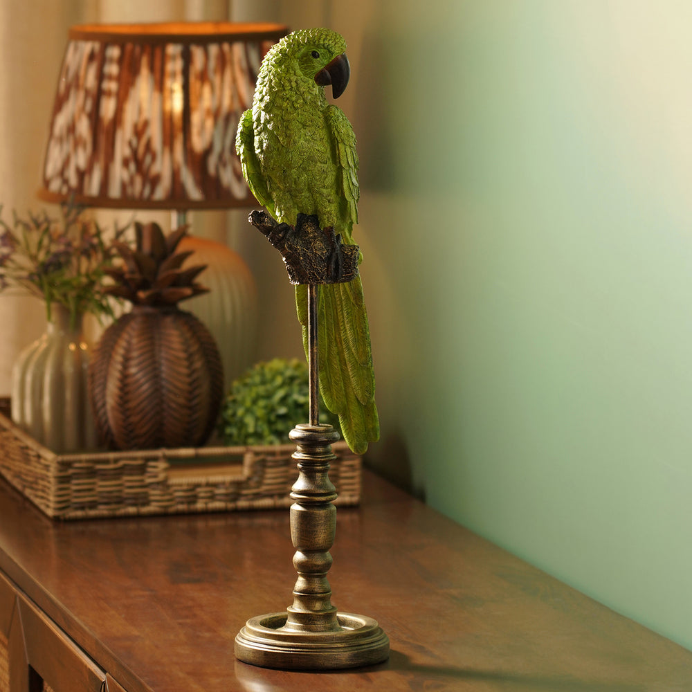 Green Polyresin Parrot on Bronze Stand
