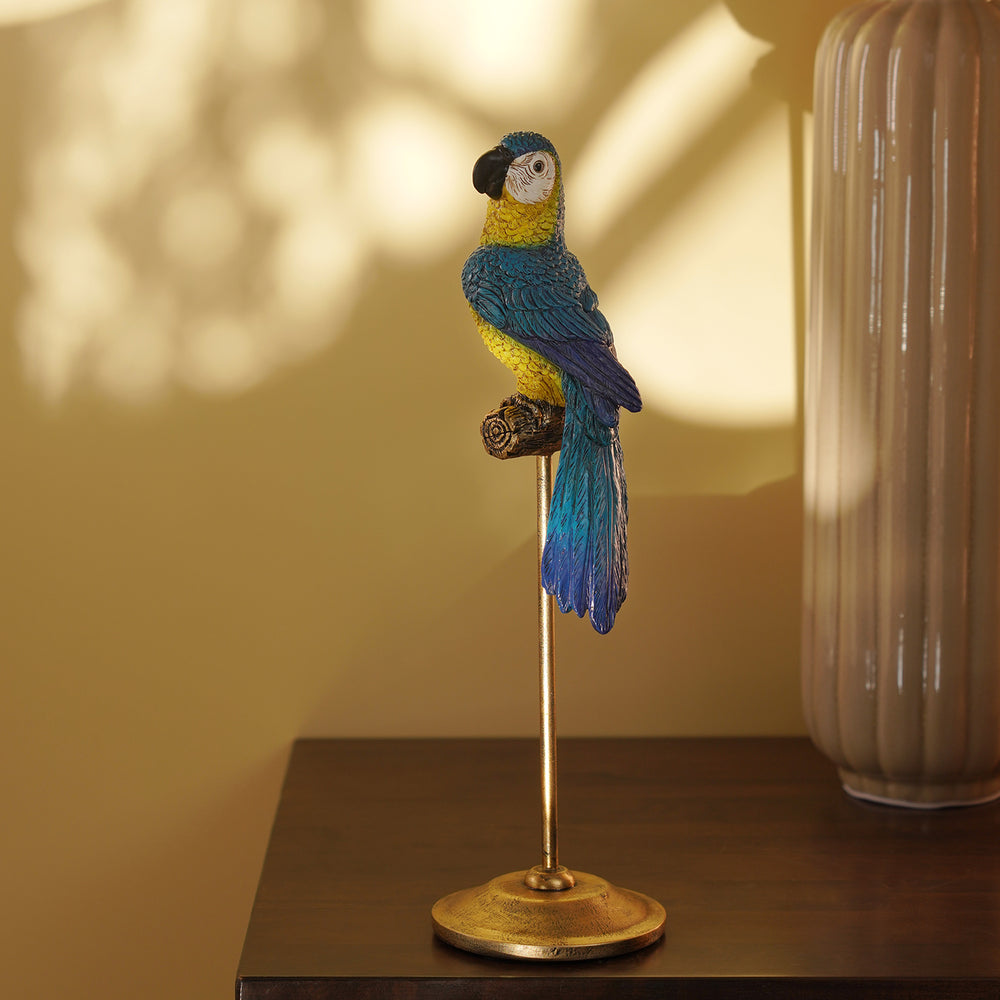 Blue Yellow Polyresin Macaw on Bronze Stand
