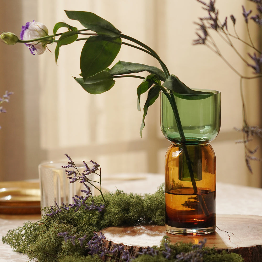 Amber Green Colourblock Hourglass Vase