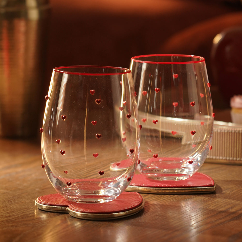 Set of 2 Clear Drinking Glasses with Red Hearts