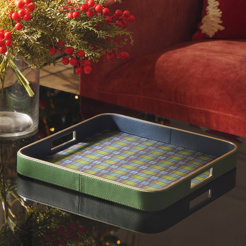 Green Plaid Faux Leather Rectangular Serving Tray