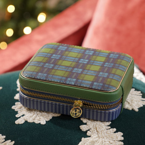 Green Blue Plaid Faux Leather Travel Jewellery Organiser