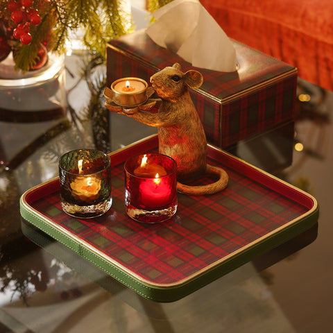 Red Green Plaid Faux Leather Square Platter - Large