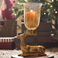 Gold Metal Reindeer Hurricane Candle Holder