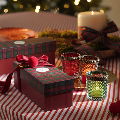 Set Of 3 Green Red Amber Textured Glass Tealight Holders