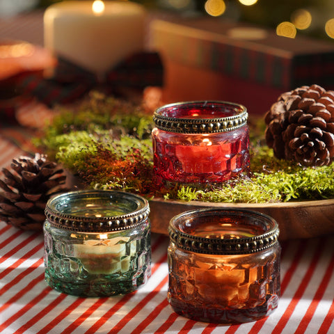 Set Of 3 Green Red Amber Honeycomb Textured Glass Tealight Holders