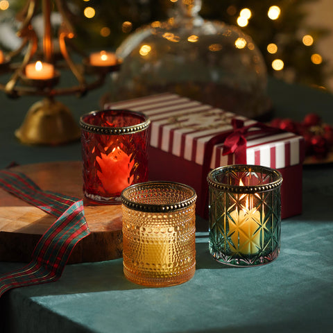 Set Of 3 Green Red Amber Multi Textured Glass Tealight Holders