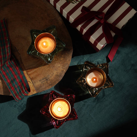 Set Of 3 Green Red Amber Star Shaped Glass Tealight Holders