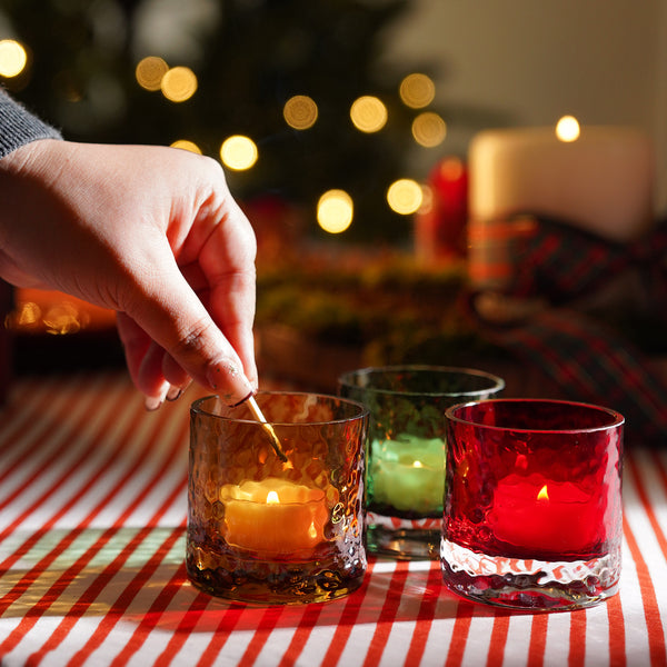 Set Of 3 Green Red Amber Hammered Glass Tealight Holders