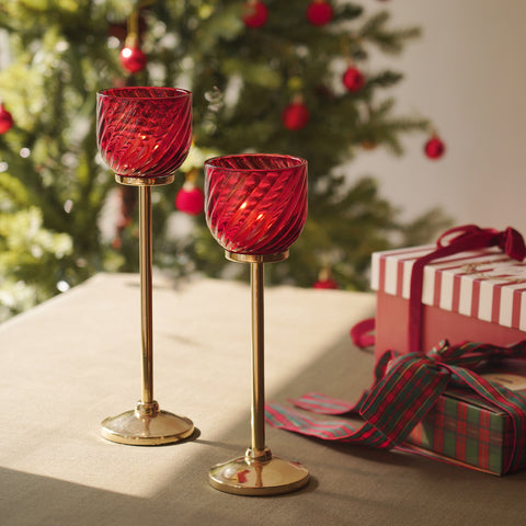 Set Of 2 Red Textured Glass Stem Candle Holders