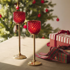 Set Of 2 Red Textured Glass Stem Candle Holders