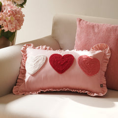 Pink Heart Applique Ruffled Cotton Cushion Cover