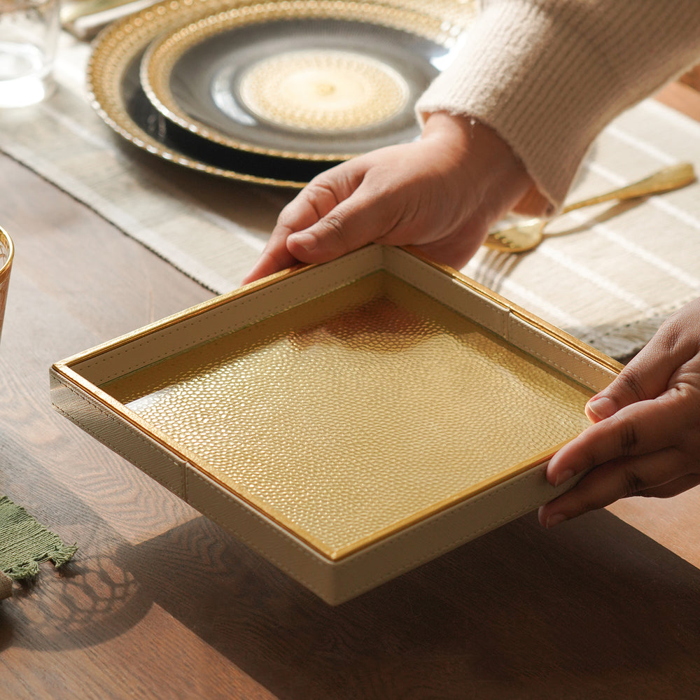 Ivory Faux Leather Hammered Rectangle Platter - Small