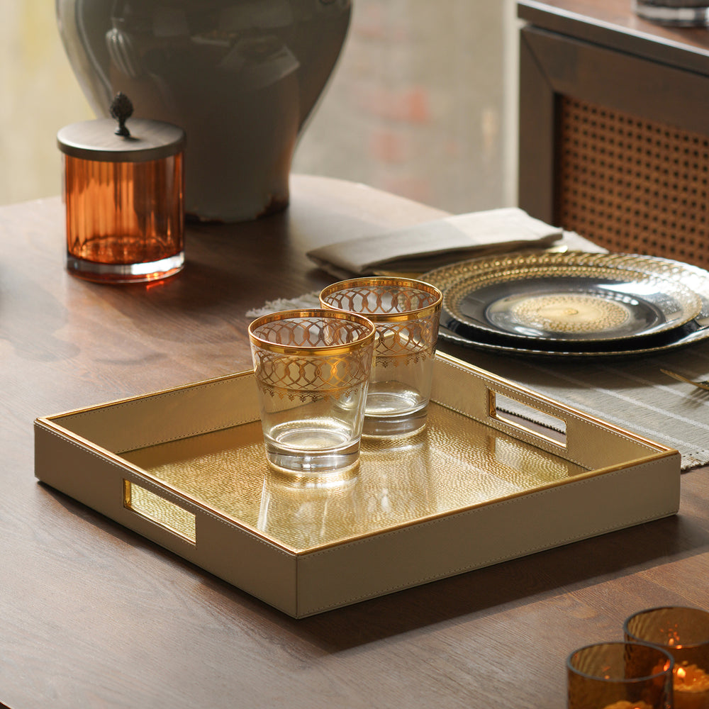Ivory Faux Leather Hammered Serving Tray