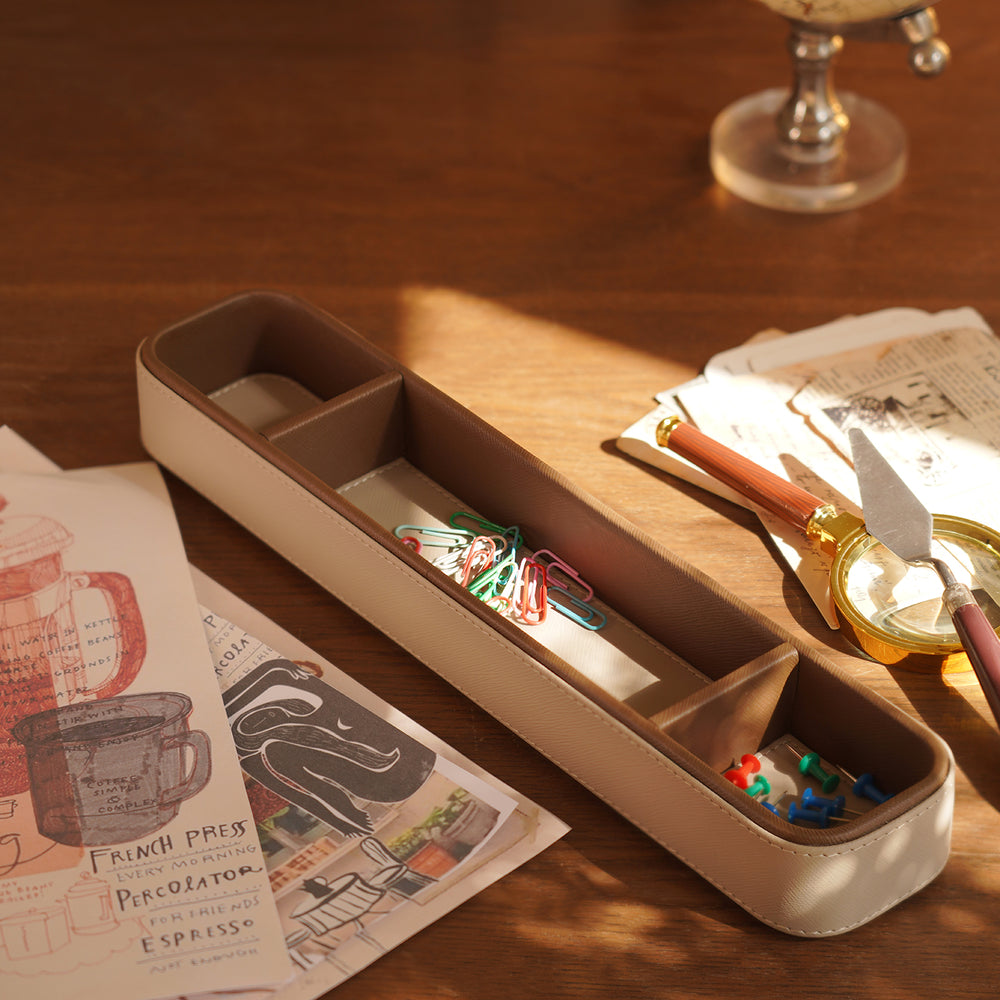 Beige Faux Leather Table Organiser