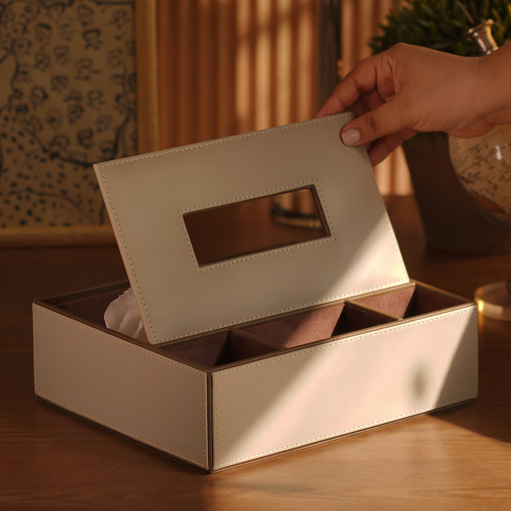 Beige Faux Leather Tissue Box with Organiser