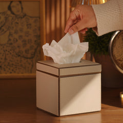 Beige Faux Leather Square Tissue Box