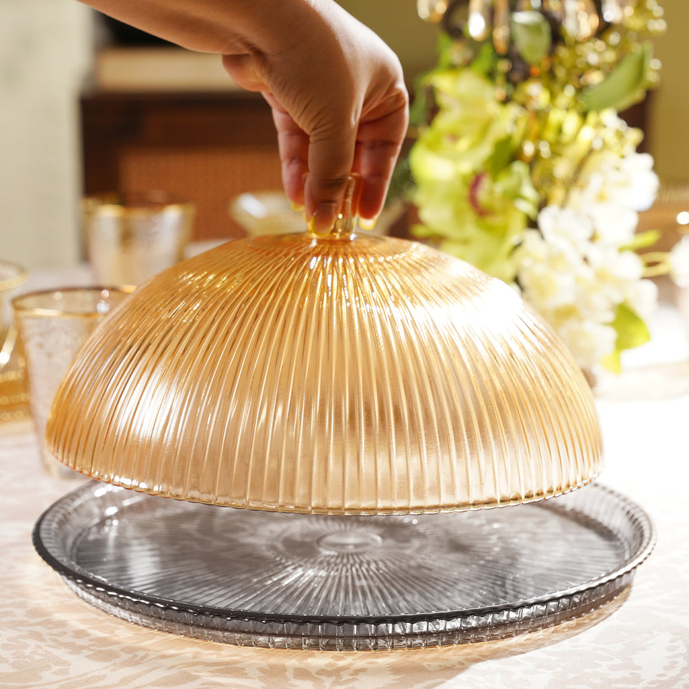 Amber Ribbed Glass Cloche with Plate