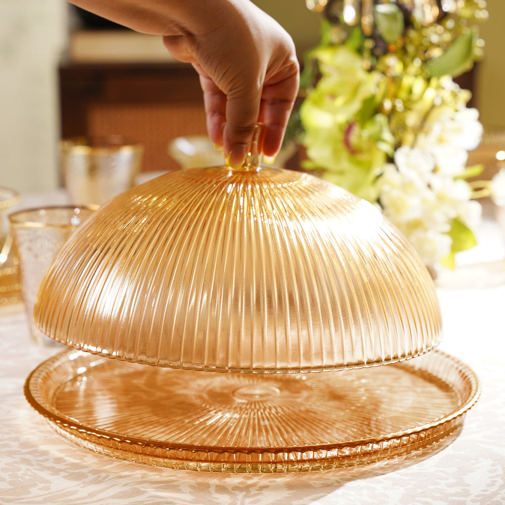Light Amber Ribbed Glass Cloche with Base Plate