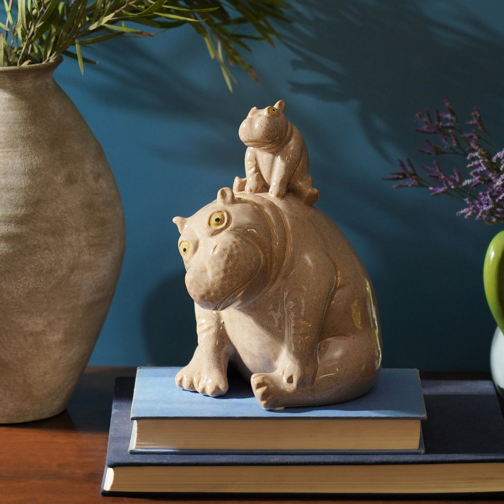 Grey Ceramic Mother and Baby Hippo