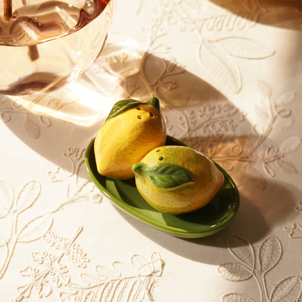 Set of 2 Green Yellow Lemon Ceramic Salt & Pepper Shakers