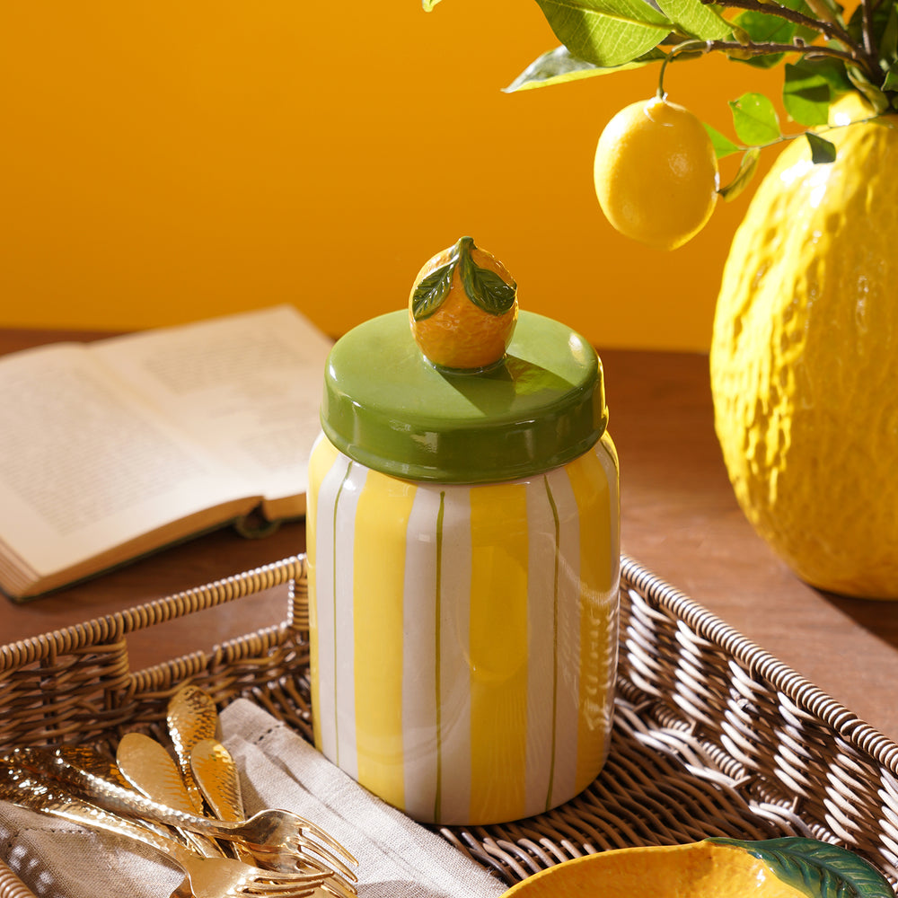 Yellow Lemon Striped Decorative Ceramic Container