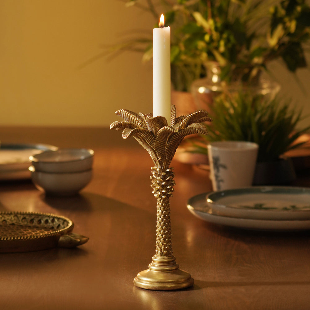 Antique Gold Polyresin Palm Candleholder