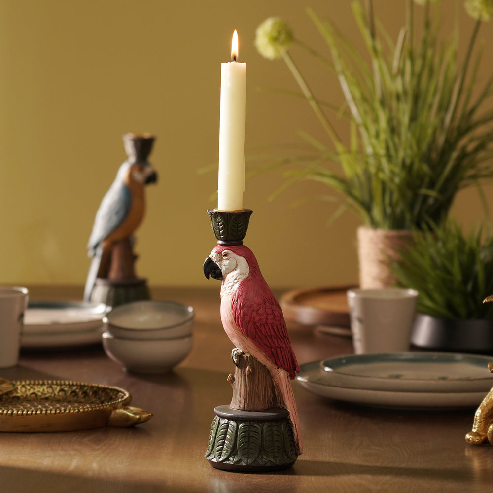 Red Pink Polyresin Macaw Candleholder