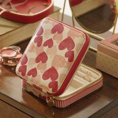 Pink Heart Print Faux Leather Travel Jewellery Box