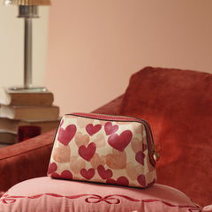 Pink Heart Print Faux Leather Vanity Pouch - Small