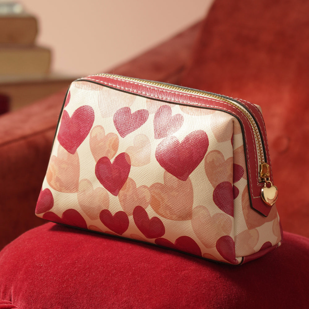Pink Heart Print Faux Leather Vanity Pouch - Large