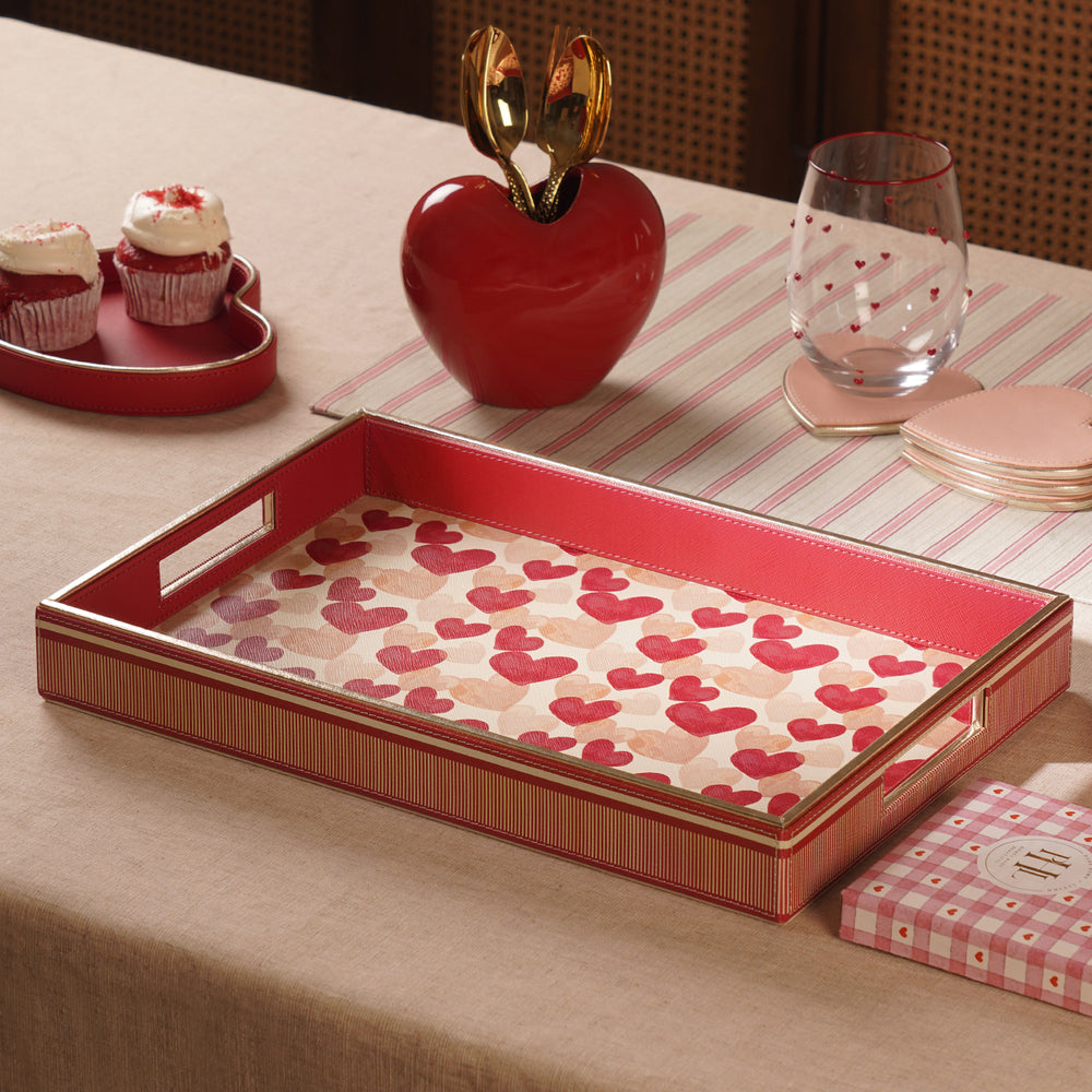 Pink Big Heart Print Faux Leather Rectangular Tray